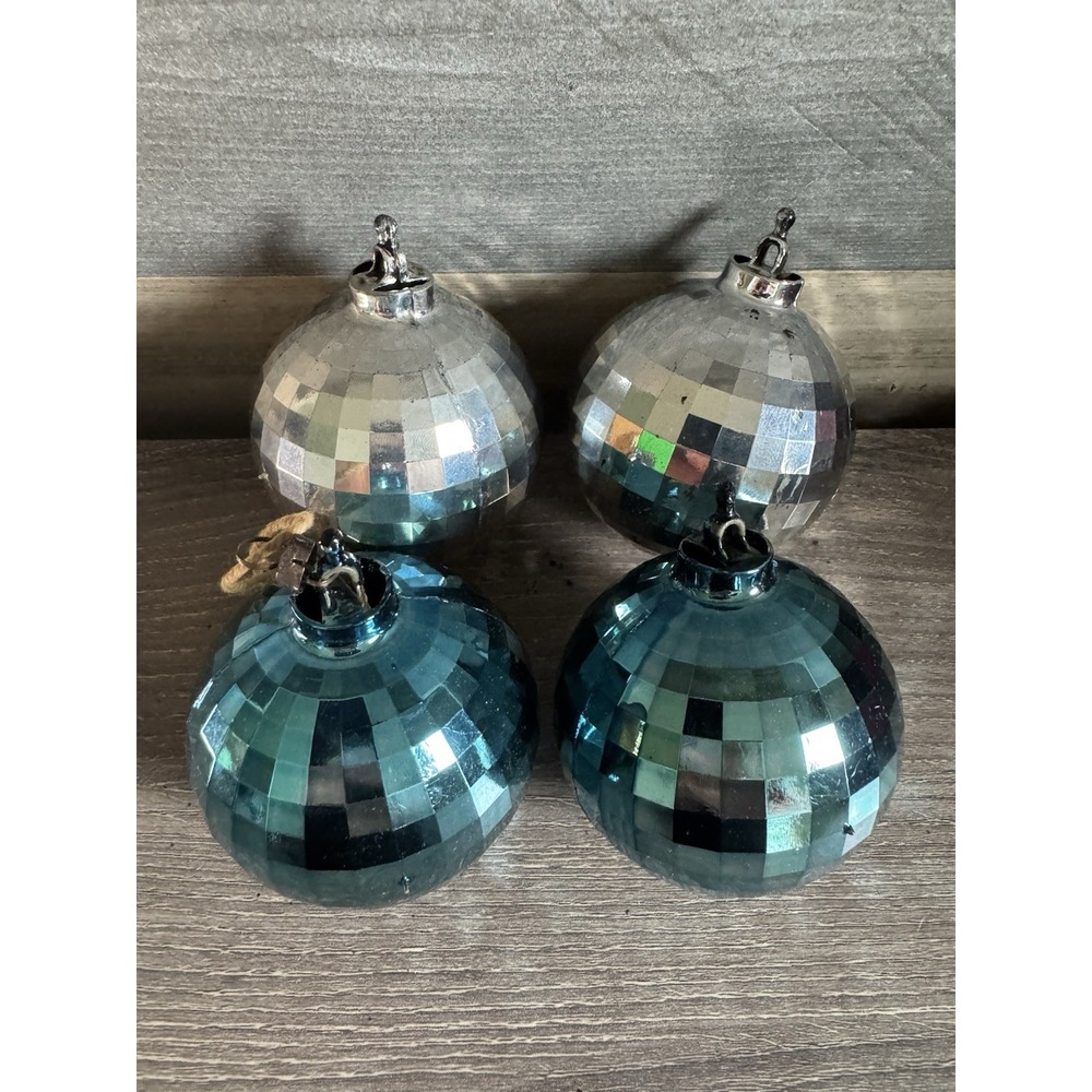 Set Of 4 - Vintage Christmas Ornament Silver Toned Disco Ball